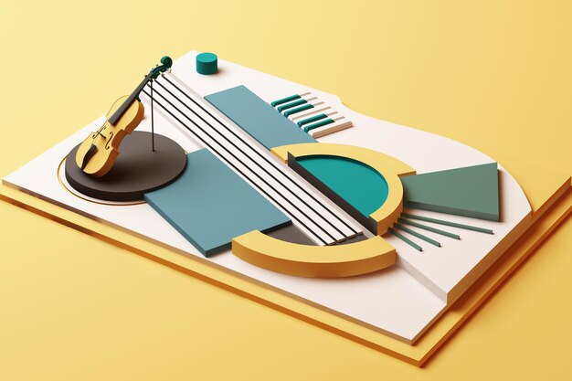 Concepto de violín e instrumento musical Composición abstracta de formas geométricas Plataformas en tono amarillo y verde Rendering 3D