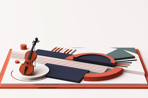Concepto de violín e instrumento musical Composición abstracta de formas geométricas Plataformas en tono naranja y azul Rendering 3D