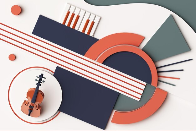 Concepto de violín e instrumento musical Composición abstracta de formas geométricas Plataformas en tono naranja y azul Rendering 3D