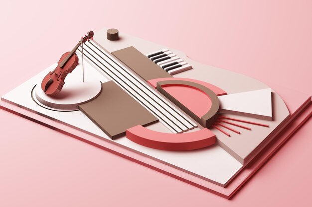 Concepto de violín e instrumento musical Composición abstracta de formas geométricas Plataformas en tono rosa pastel Rendering 3D