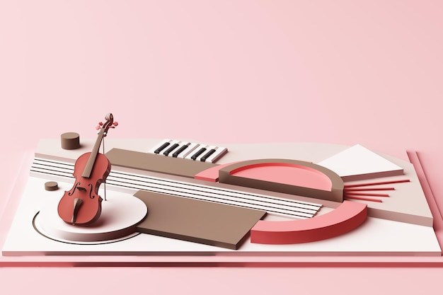 Concepto de violín e instrumento musical Composición abstracta de formas geométricas Plataformas en tono rosa pastel Rendering 3D