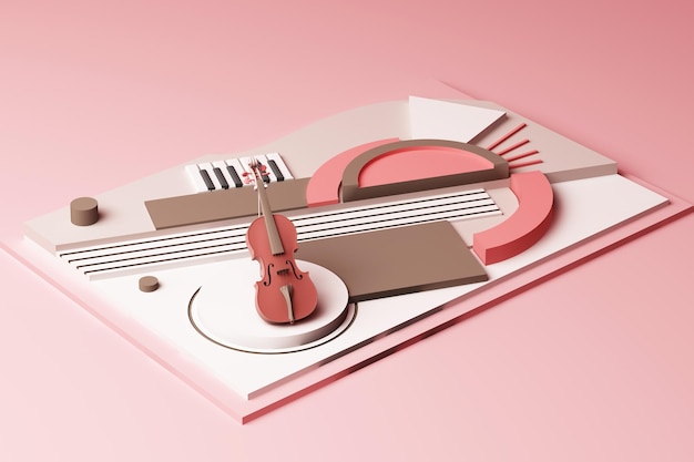 Concepto de violín e instrumento musical Composición abstracta de formas geométricas Plataformas en tono rosa pastel Rendering 3D