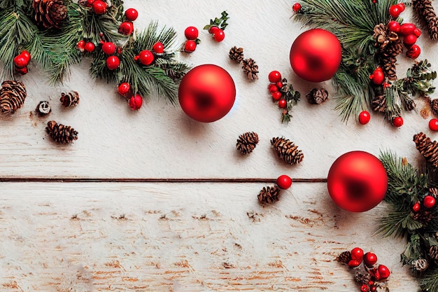 Concepto de la vista de arriba hacia abajo del día de Navidad Diseño de borde de Navidad con decoración de fondo de madera Bayas de acebo y nieve sobre un fondo de madera