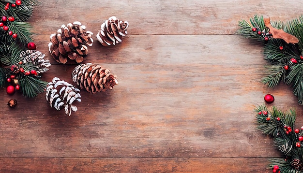 Concepto de la vista de arriba hacia abajo del día de Navidad Diseño de borde de Navidad con decoración de fondo de madera Bayas de acebo y nieve sobre un fondo de madera