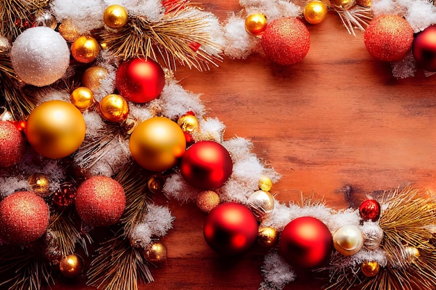 Concepto de la vista de arriba hacia abajo del día de Navidad Diseño de borde de Navidad con decoración de fondo de madera Bayas de acebo y nieve sobre un fondo de madera