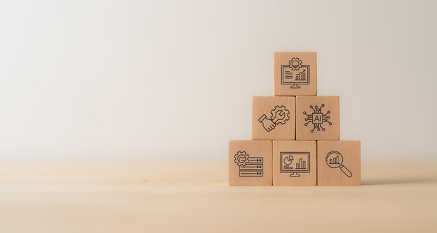 Concepto de visualización de análisis de datos Bloques de cubos de madera con la representación de análisis de dados IA y varias herramientas de gestión de datos Integración de tecnología en el análisis de datos y la toma de decisiones