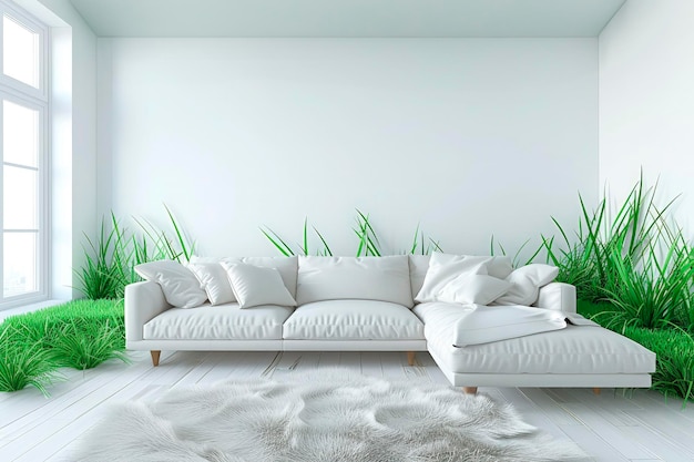 Concepto de vivienda ecológica sala de estar moderna de estilo minimalista con sofá de cuero blanco y plantas verdes