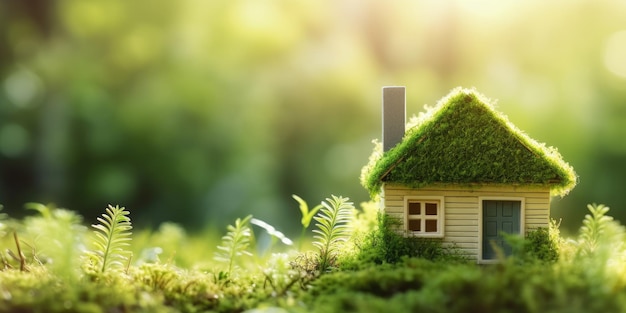 Foto concepto de vivienda verde y respetuoso con el medio ambiente casa de madera en miniatura con hierba y musgo de primavera