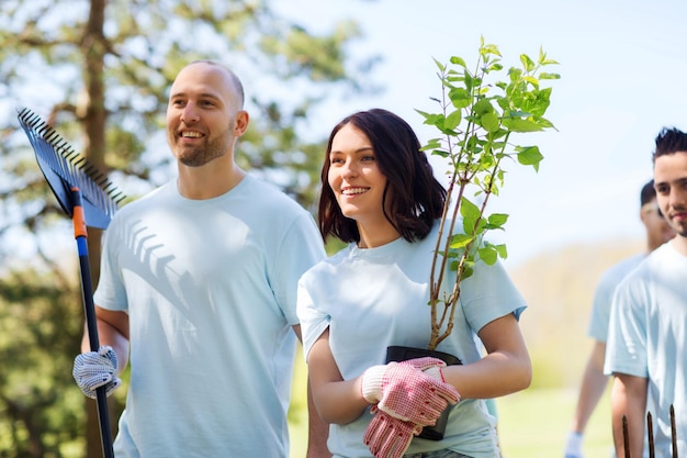 concepto de voluntariado, caridad, personas y ecología - grupo de voluntarios felices con plántulas de árboles y rastrillo caminando en el parque