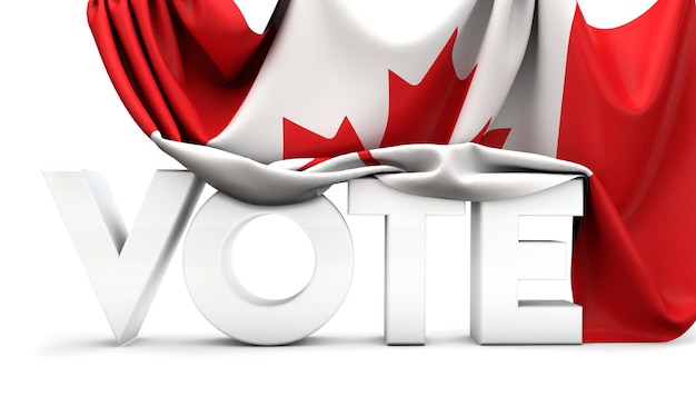 Concepto de voto de Canadá Palabra de voto cubierta en la bandera nacional 3D Render