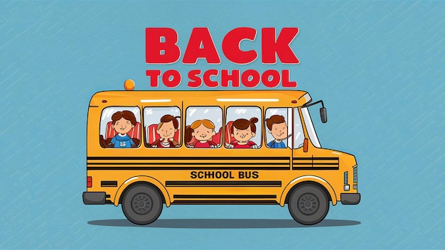 Concepto para la vuelta a la escuela Autobús escolar con niños Mochilera con artículos de papelería