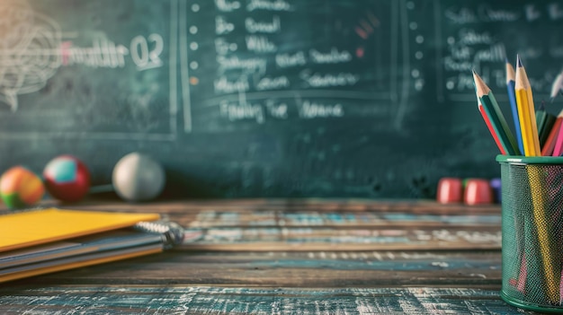 Concepto de vuelta a la escuela con papelería en escritorio de madera Fondo de clase borroso con espacio de copia