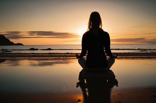 Concepto de yoga con vista trasera mujer sentada en posición de loto contra fondo de cielo estrellado generado por IA