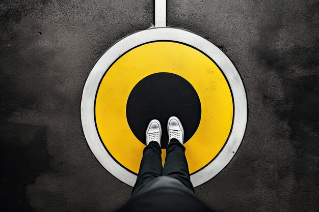 Concepto de zona de confort zapatos negros de pie en un círculo amarillo en el suelo con espacio para texto