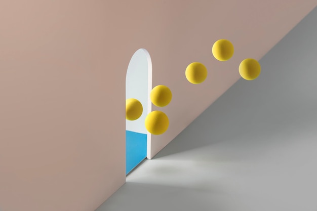Conceptos abstractos de libertad todavía con esferas que escapan a través de una puerta que se abre bodegón