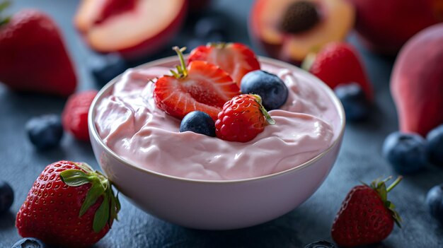 Conceptos de alimentación saludable con bayas frescas y yogur en un tazón