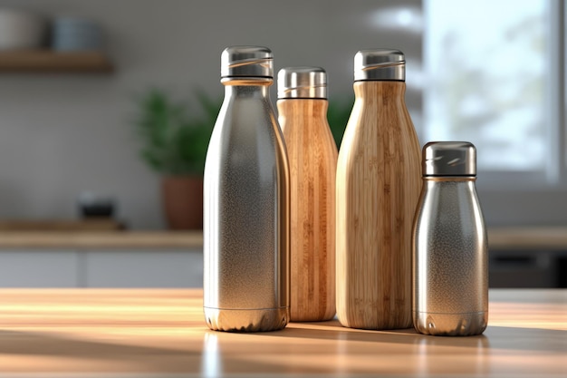 Foto conceptos de alternativas libres de plástico en botellas de acero inoxidable y bambú en la mesa
