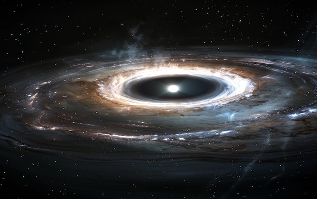 Foto conceptos artísticos de un agujero negro luminoso en el centro de una galaxia su disco de acreción brillando brillantemente de procesos energéticos