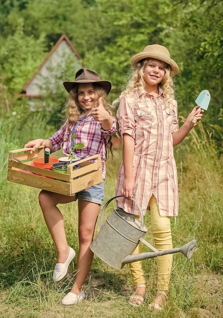 Conceptos básicos de jardinería Verano en el campo Hermanas ayudando en el patio trasero Niñas con herramientas de jardinería Proceso del ciclo de vida de la enseñanza de la jardinería Las herramientas de jardín para niños garantizan la seguridad del jardinero infantil