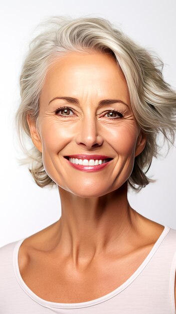 Foto conceptos de belleza y salud mujer joven sonriente sobre fondo blanco