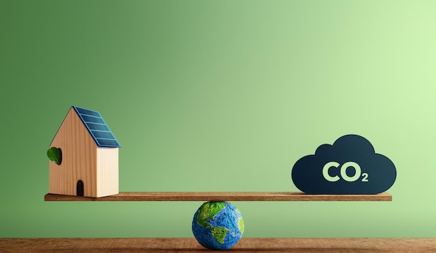 Conceptos de carbono neutral Energía limpia Energía verde Equilibrio entre una casa solar en la azotea y el icono de CO2 Recursos sostenibles Cuidado del medio ambiente