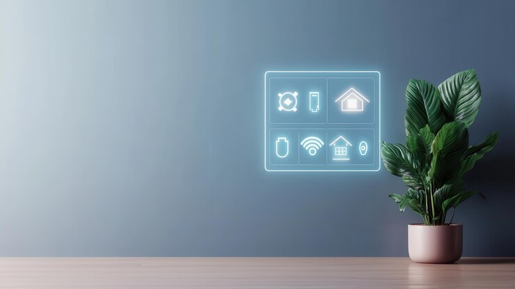 Conceptos de casas inteligentes interfaz de casas inteligentes modernas mostradas en la pared con plantas