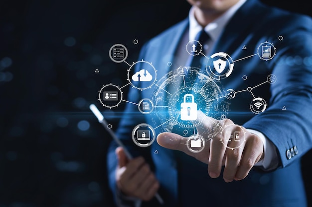 Conceptos de ciberseguridad y privacidad para proteger los datos Ícono de bloqueo y tecnología de seguridad de la red de Internet Empresarios que protegen los datos personales en interfaces virtuales