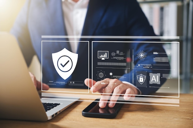 Conceptos de ciberseguridad y privacidad para proteger los datos Ícono de bloqueo y tecnología de seguridad de la red de Internet Empresarios que protegen los datos personales en interfaces virtuales