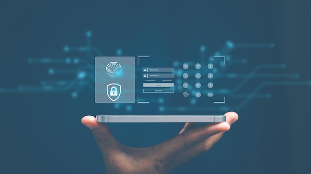 Conceptos de ciberseguridad y privacidad para proteger los datos Icono de candado y tecnología de seguridad de red de Internet Empresaria que protege datos personales en teléfonos inteligentes con interfaces de pantalla virtual