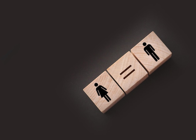 Conceptos de cubos de madera de igualdad de género con símbolo femenino y masculino y signo igual Concepto de igualdad social salarial