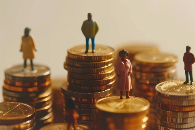 Conceptos de desigualdad racial y económica Gente en miniatura de pie sobre una pila de monedas