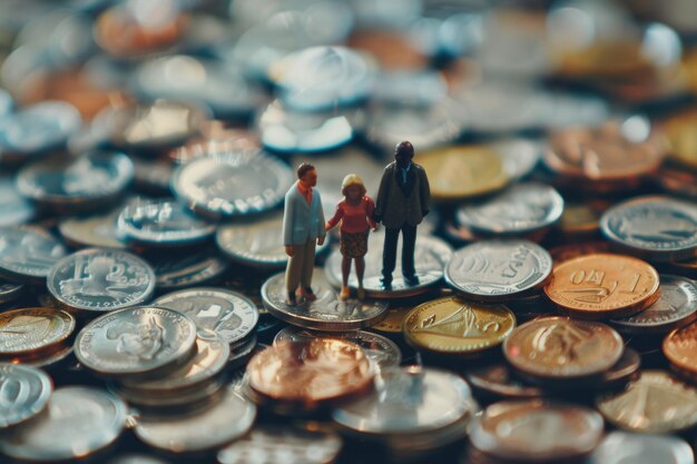 Foto conceptos de desigualdad racial y económica gente en miniatura de pie sobre una pila de monedas