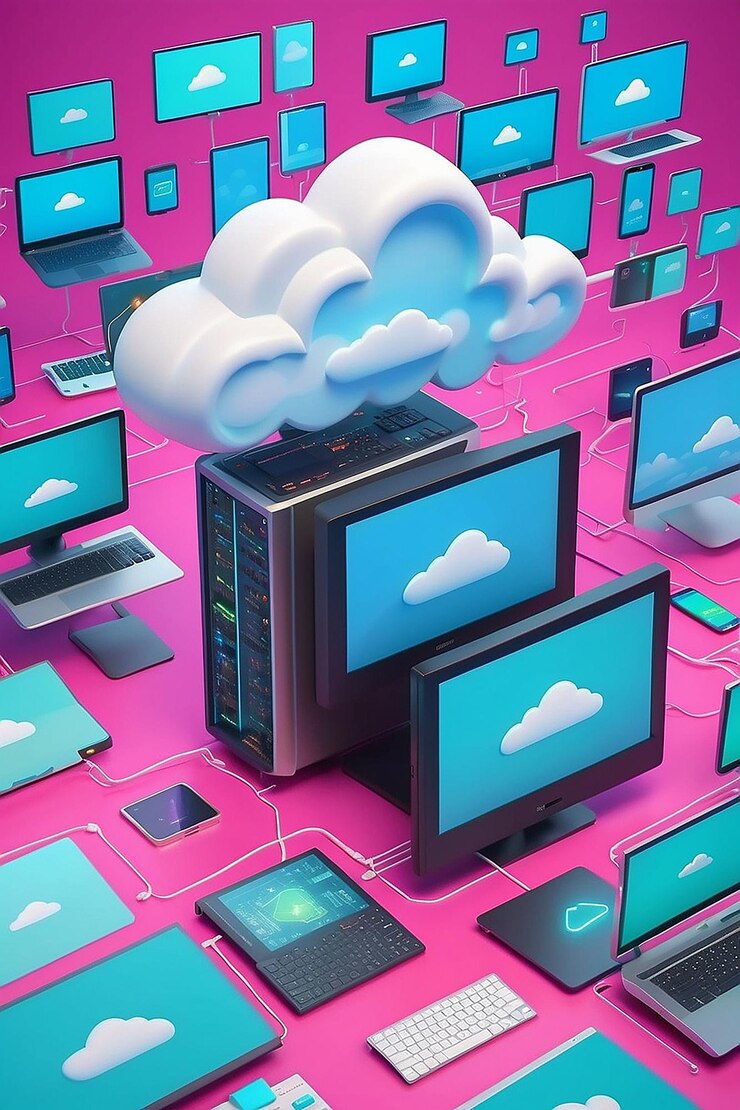 Foto conceptos de dispositivos de computación en la nube en fondo de color