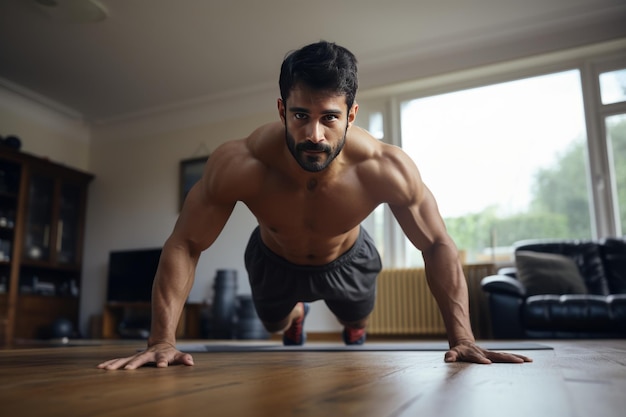 conceptos de ejercicio y estilo de vida saludable Hombre indio haciendo ejercicios abdominales en casa