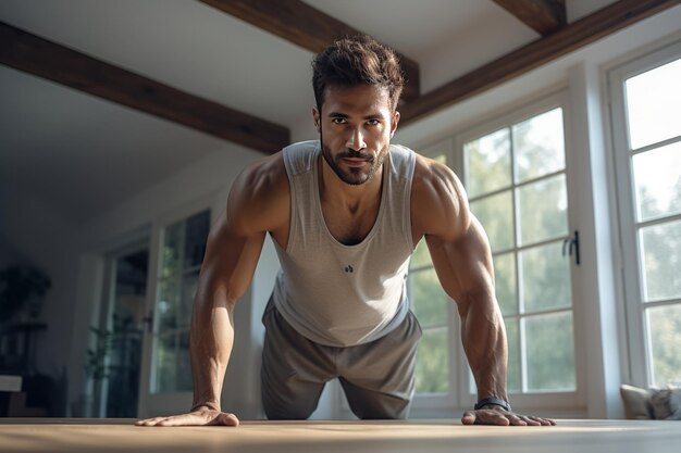 conceptos de ejercicio y estilo de vida saludable Hombre indio haciendo ejercicios abdominales en casa