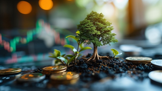 Foto conceptos financieros con árboles y monedas