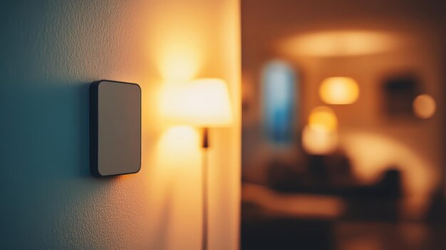 Conceptos de hogar inteligente interruptor moderno en la pared iluminado por luz ambiental cálida crea una atmósfera acogedora
