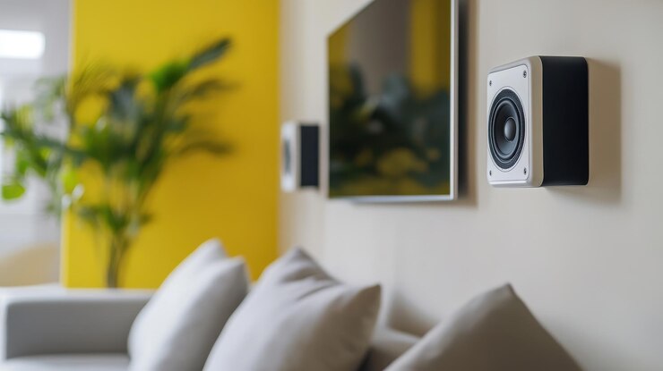 Conceptos de hogar inteligente Orador de hogar inteligente montado en la pared con decoración y plantas modernas