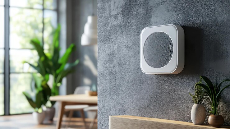 Conceptos de hogar inteligente Orador de hogar inteligente montado en la pared en un espacio de vida moderno con plantas