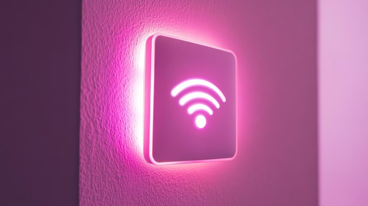 Conceptos de hogar inteligente Router Wi-Fi moderno con icono brillante en la pared que proporciona conectividad