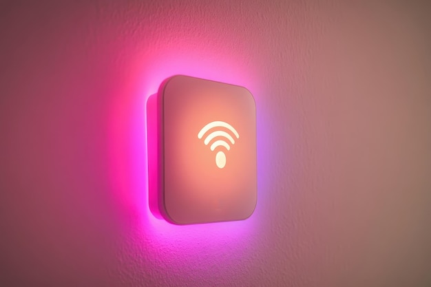 Conceptos de hogar inteligente router WiFi con icono brillante en la pared creando un ambiente moderno