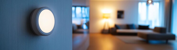 Conceptos de hogar inteligente Sensor de hogar inteligente en la pared que mejora el ambiente del espacio de vida moderno