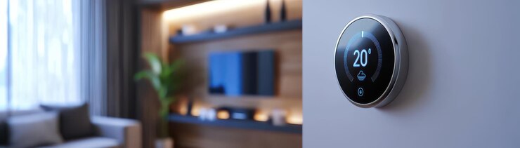 Conceptos de hogar inteligente Termostato inteligente en la pared elegante en el entorno moderno de la sala de estar