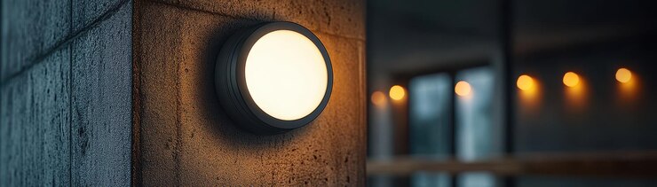 Conceptos de hogares inteligentes Luz de sensor redonda brillante montada en la pared con textura que ilumina el espacio