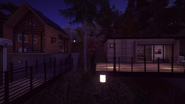 Conceptos modernos de arquitectura de diseño de casas de madera en la noche ilustración 3d