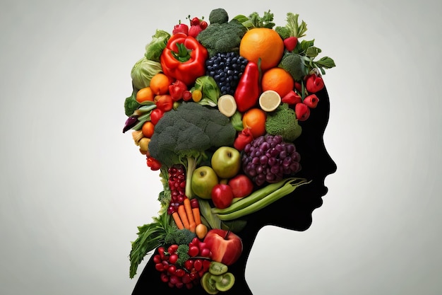 Foto conceptos de nutricionistas silueta cabeza hecha de frutas verduras simbolismo creativo de la salud géneros