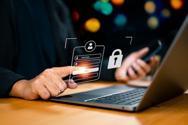 Los conceptos de seguridad cibernética y privacidad protegen el icono de bloqueo de datos y la tecnología de seguridad de la red de Internet Empresarios que protegen datos personales en computadoras portátiles y pantallas virtualesxA
