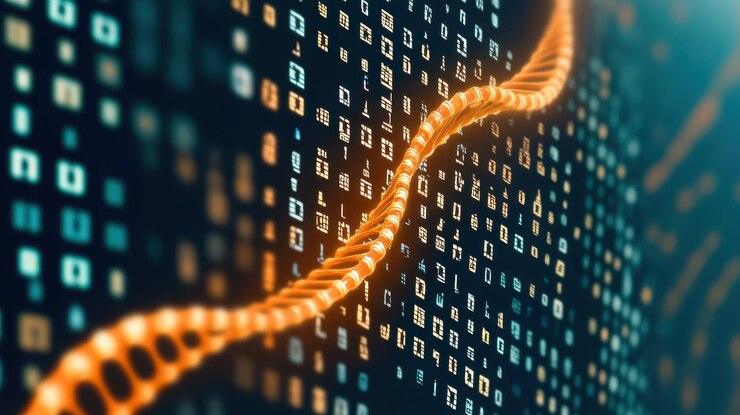 Foto conceptos de tecnología y humanidad evolución digital del adn fusionándose con código binario que simboliza el impacto de la tecnología
