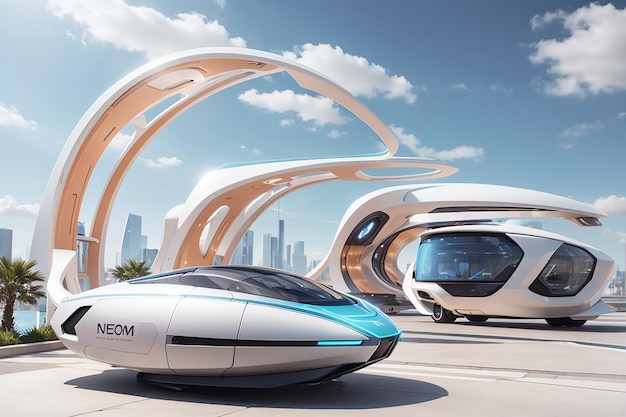 conceptos de transporte futuristas para el diseño de la ciudad de Neom fiesta de agua de piscina basada en el aire saudí
