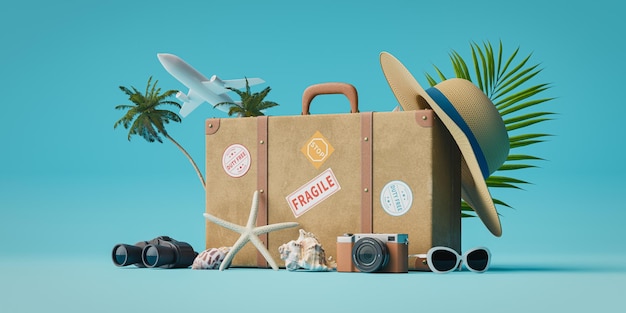 conceptos de viajes de vacaciones de verano fondos con maleta vintage renderización 3D